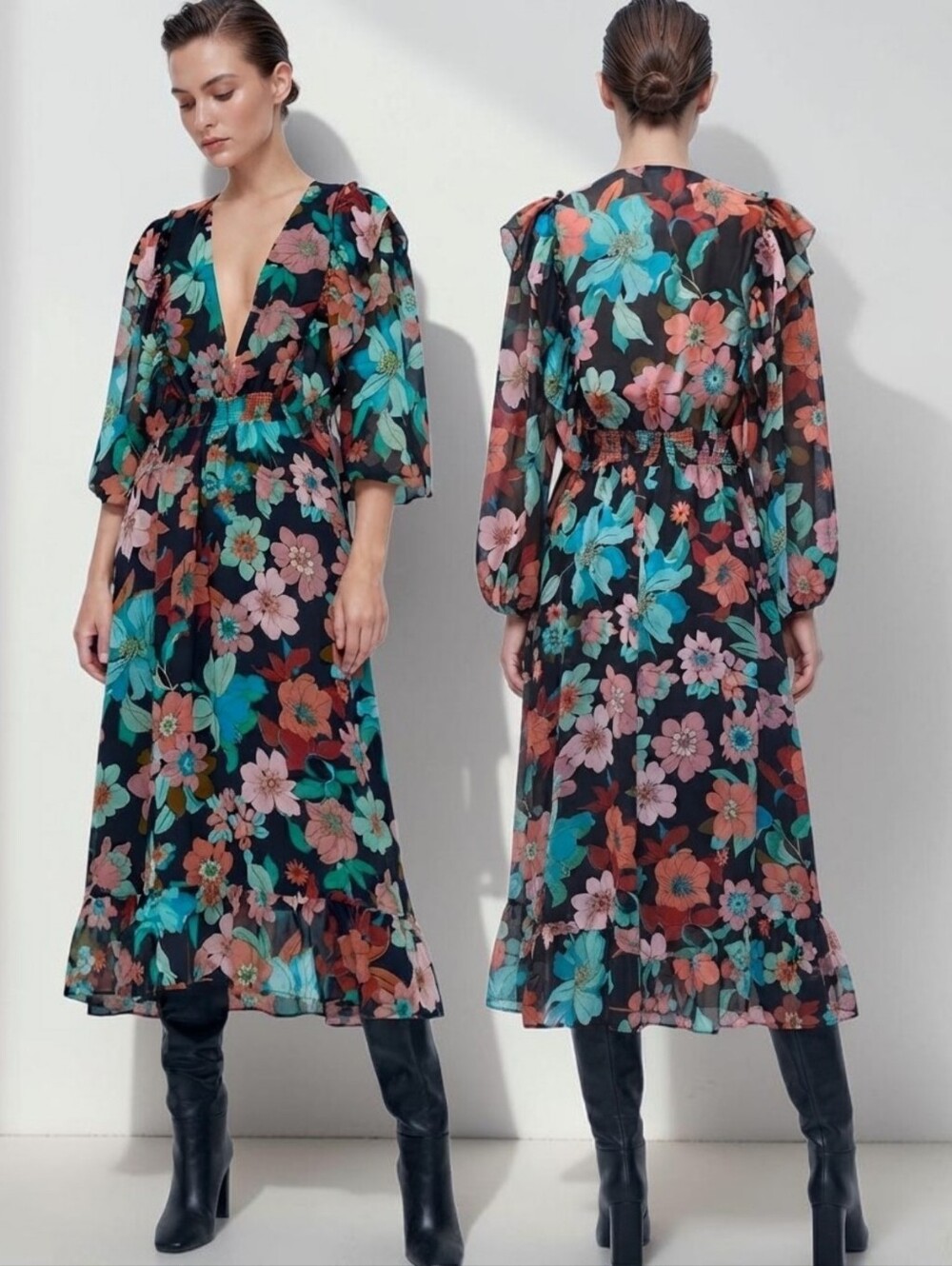 ZARA Floral Print V-Neck Long Ruffle Sleeve Chiffon Midi Dress - Size XL